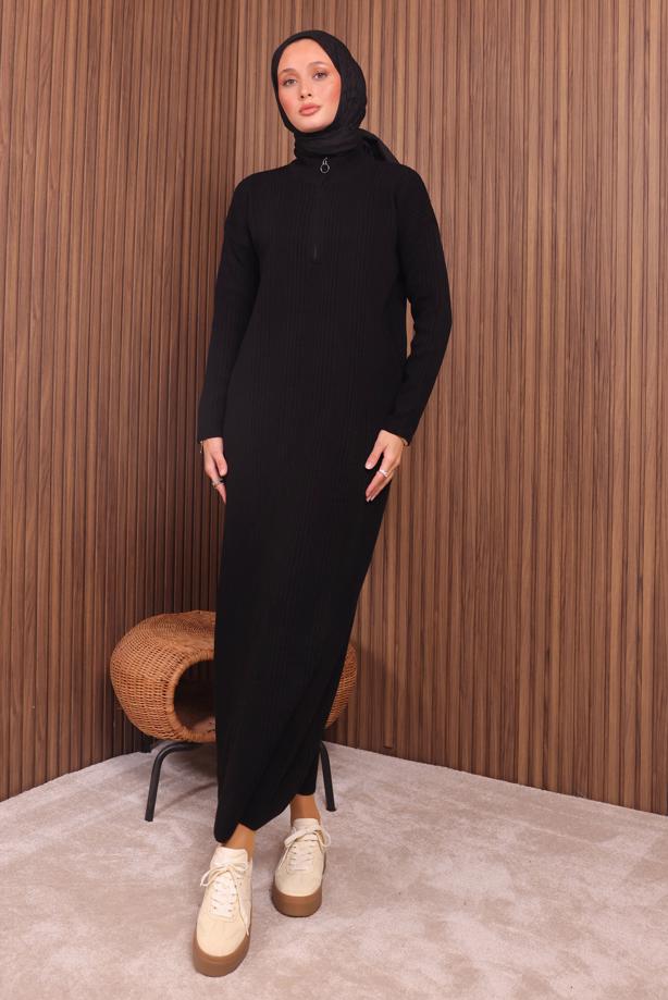Hijab clothing BLACK ZIPPERED KNITWEAR DRESS T 4407 - TRENDTESETTÜR