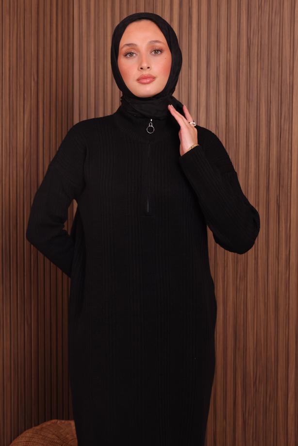 Hijab clothing BLACK ZIPPERED KNITWEAR DRESS T 4407 - TRENDTESETTÜR