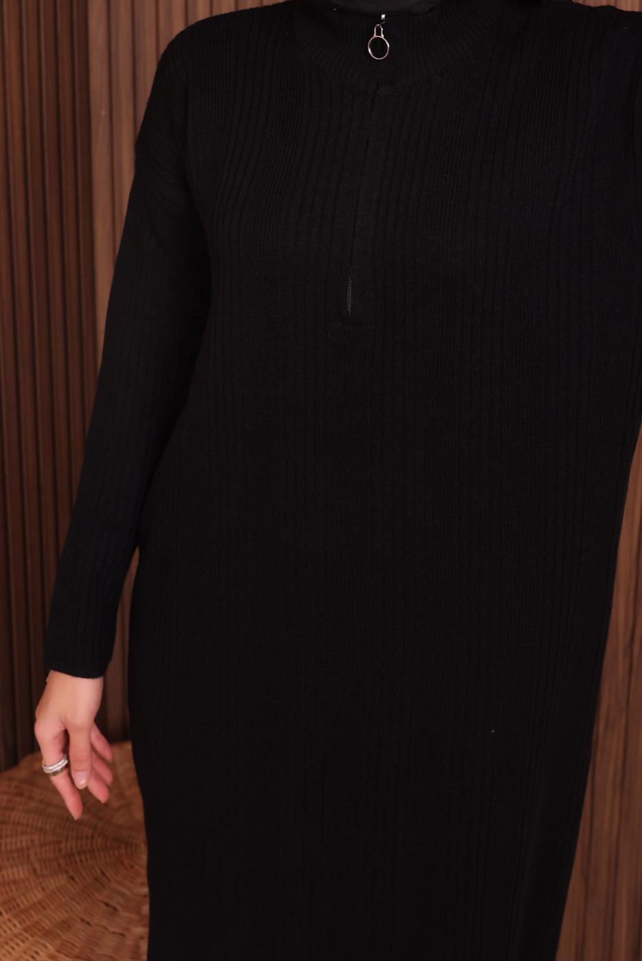 Hijab clothing BLACK ZIPPERED KNITWEAR DRESS T 4407