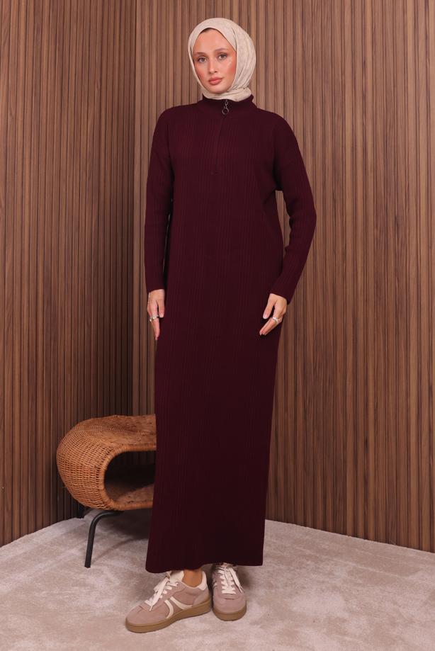 Hijab clothing CLARET RED ZIPPERED KNITWEAR DRESS T 4407 - TRENDTESETTÜR