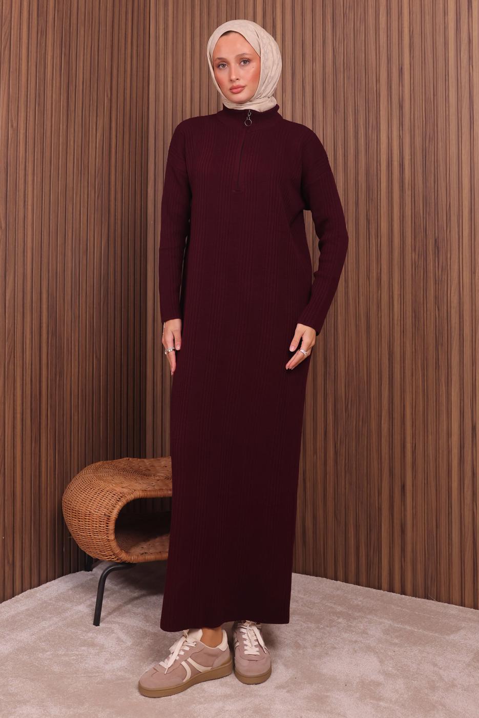 Hijab clothing CLARET RED ZIPPERED KNITWEAR DRESS T 4407
