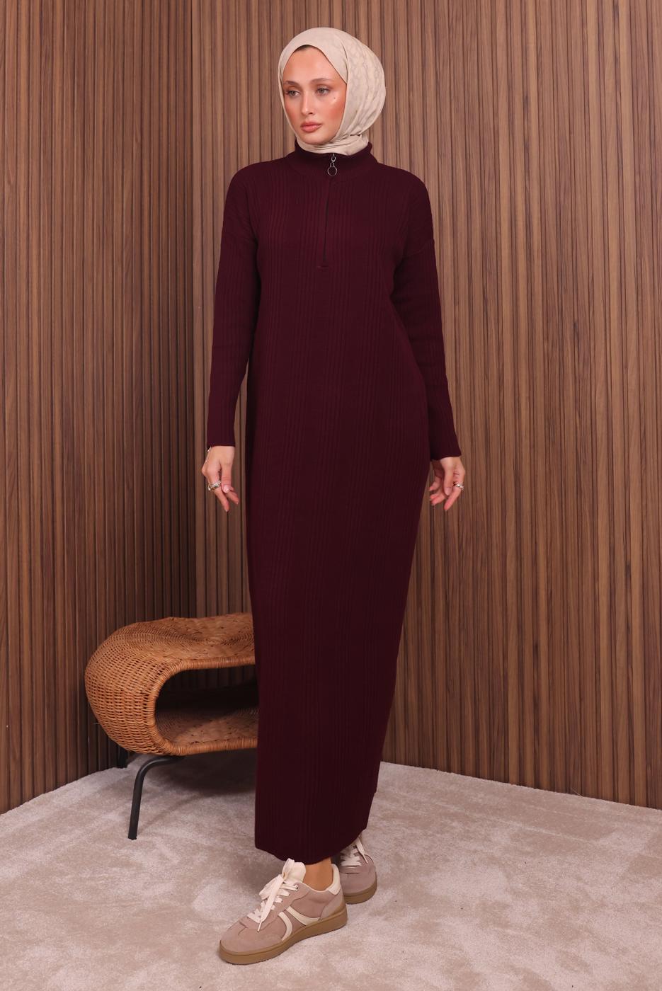 Hijab clothing CLARET RED ZIPPERED KNITWEAR DRESS T 4407