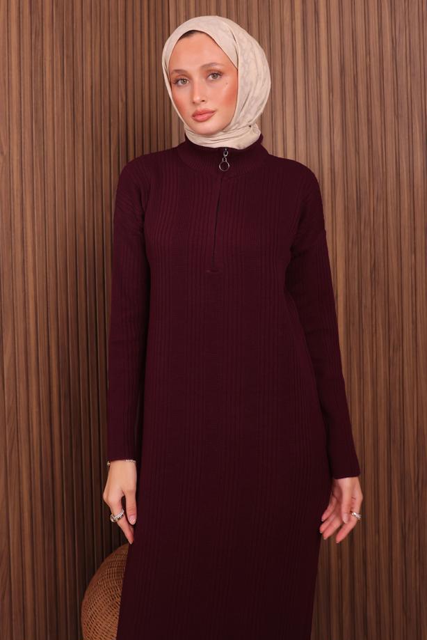 Hijab clothing CLARET RED ZIPPERED KNITWEAR DRESS T 4407 - TRENDTESETTÜR