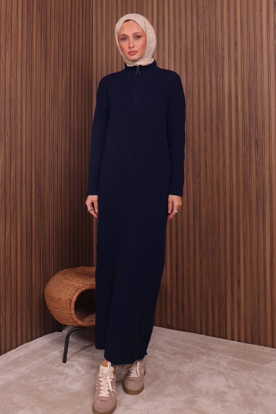 Hijab clothing NAVY BLUE ZIPPERED KNITWEAR DRESS T 4407