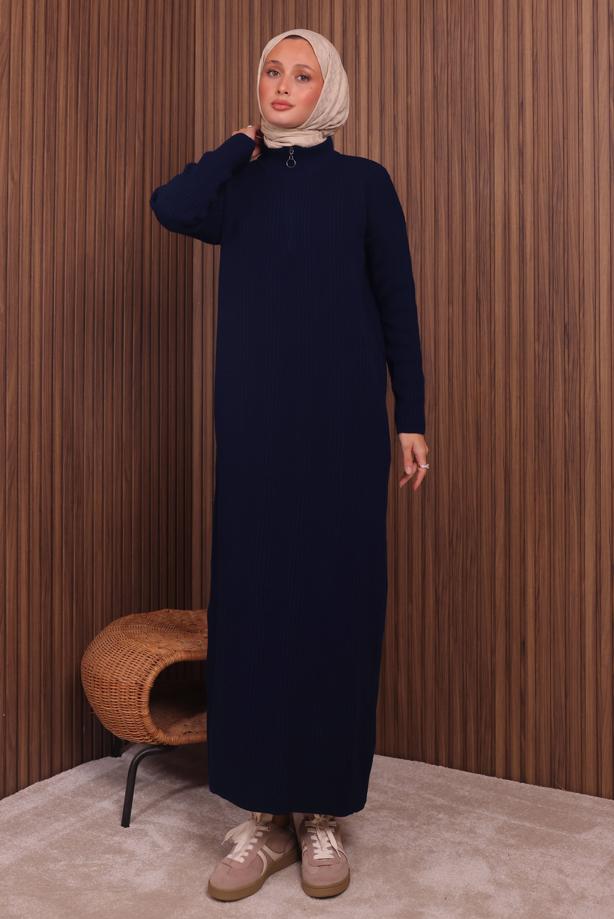 Hijab clothing NAVY BLUE ZIPPERED KNITWEAR DRESS T 4407 - TRENDTESETTÜR