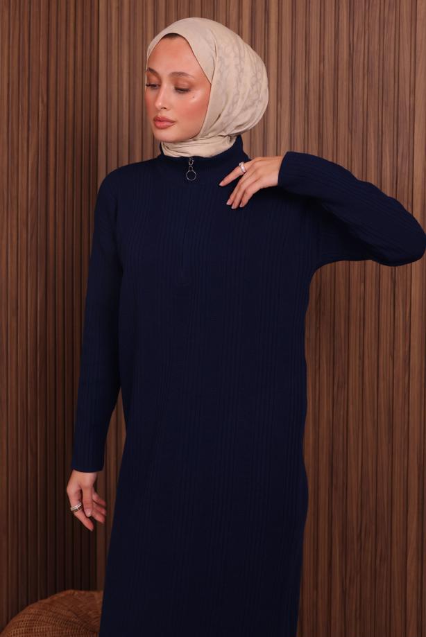 Hijab clothing NAVY BLUE ZIPPERED KNITWEAR DRESS T 4407 - TRENDTESETTÜR