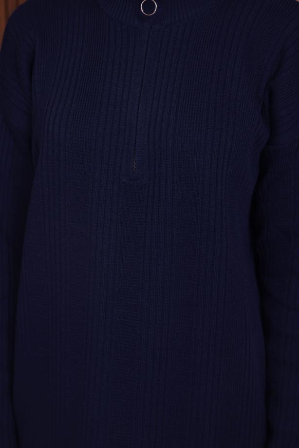 Hijab clothing NAVY BLUE ZIPPERED KNITWEAR DRESS T 4407 - TRENDTESETTÜR
