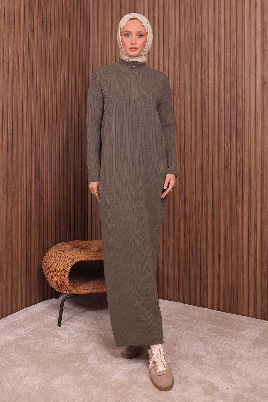 Hijab clothing BROWN ZIPPERED KNITWEAR DRESS T 4407