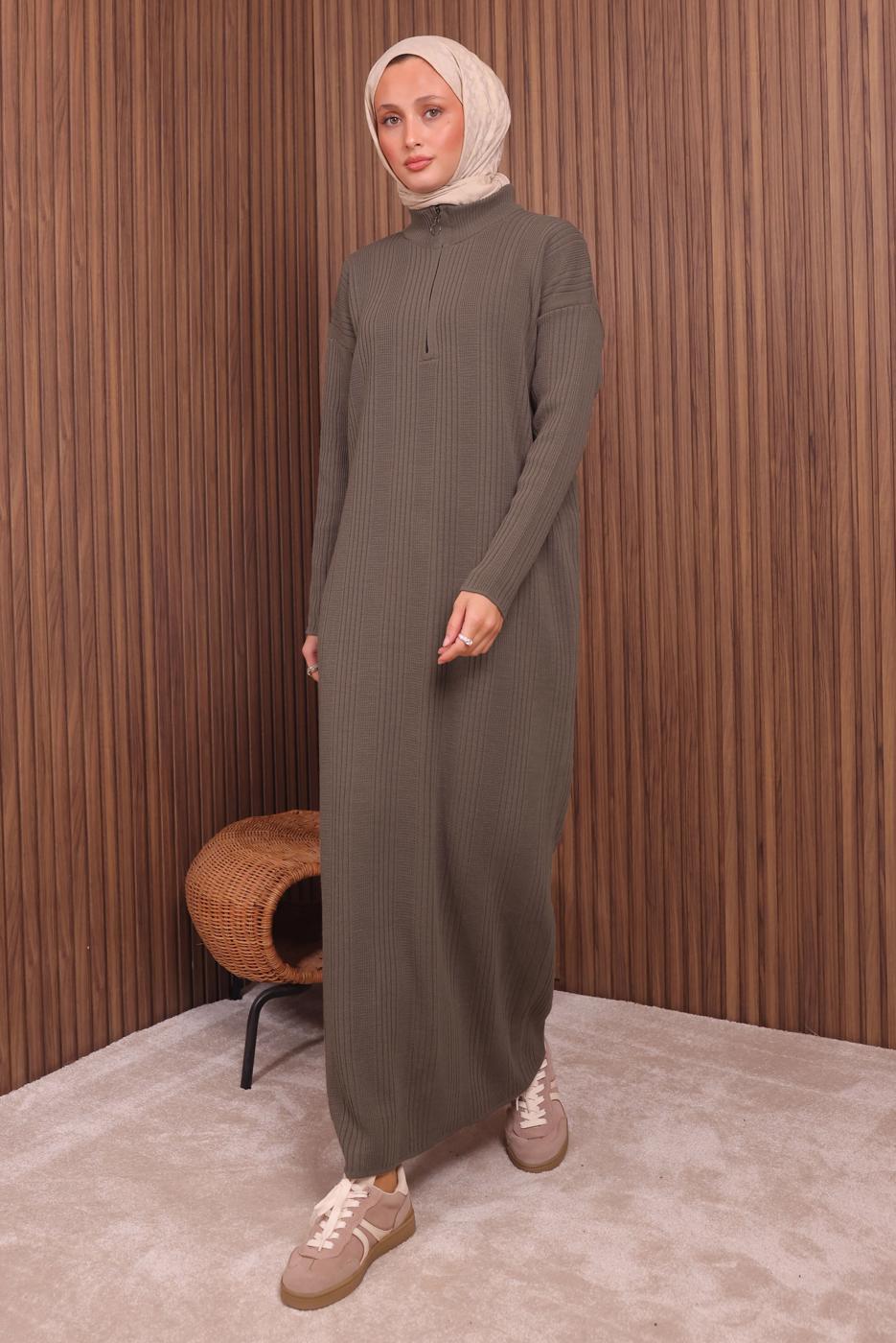 Hijab clothing BROWN ZIPPERED KNITWEAR DRESS T 4407