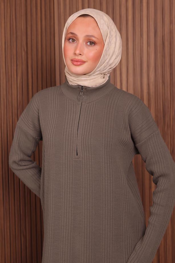Hijab clothing BROWN ZIPPERED KNITWEAR DRESS T 4407 - TRENDTESETTÜR