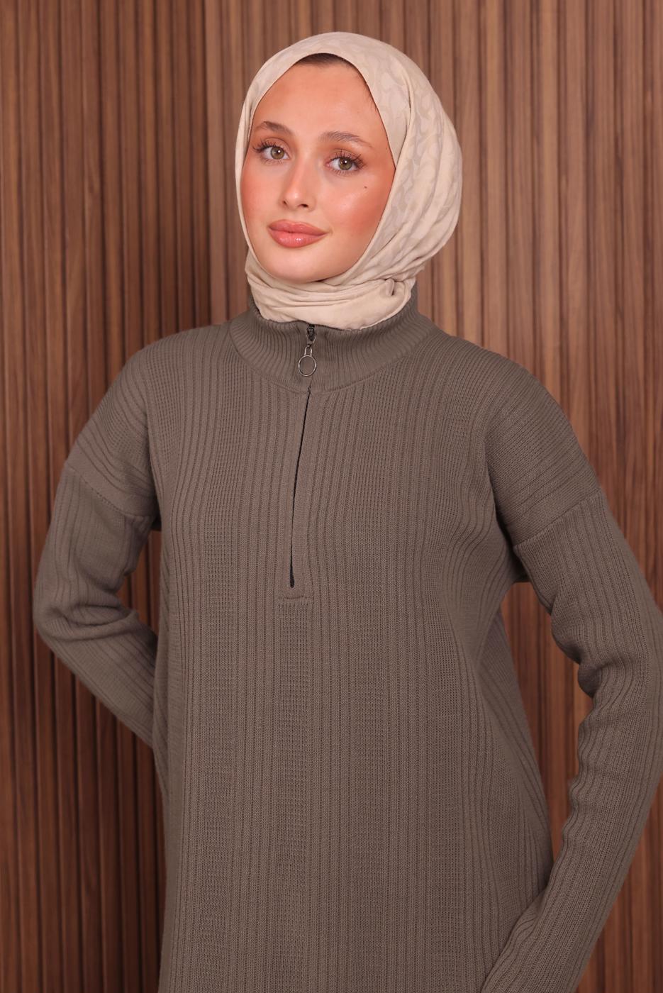 Hijab clothing BROWN ZIPPERED KNITWEAR DRESS T 4407