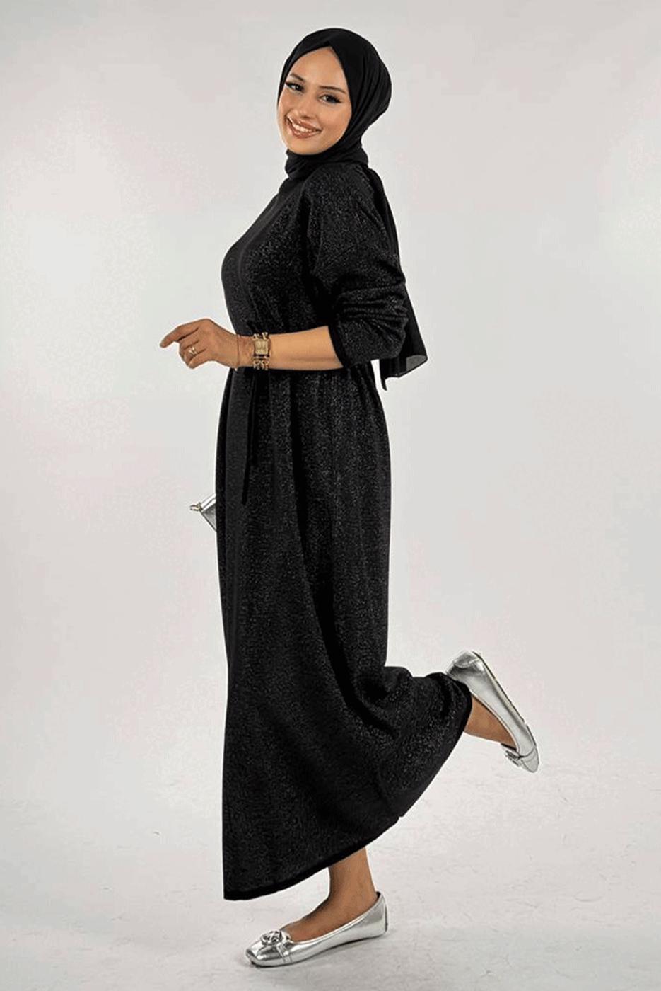 Tesettür giyim SİYAH SİMLİ TRİKO ELBİSE T 51381