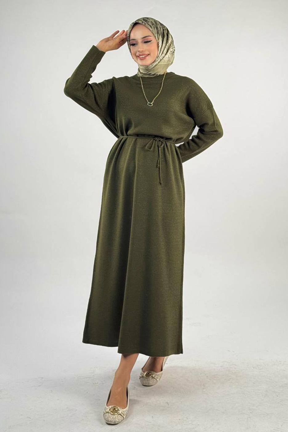 Tesettür giyim HAKİ SİMLİ TRİKO ELBİSE T 51381