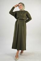 Tesettür giyim HAKİ SİMLİ TRİKO ELBİSE T 51381