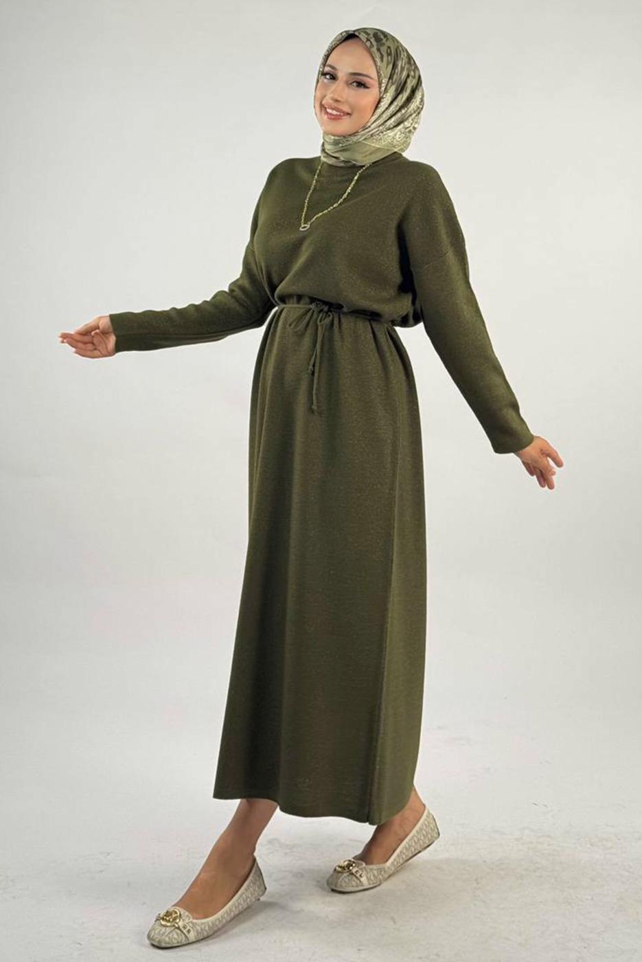 Tesettür giyim HAKİ SİMLİ TRİKO ELBİSE T 51381