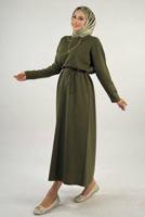 Tesettür giyim HAKİ SİMLİ TRİKO ELBİSE T 51381