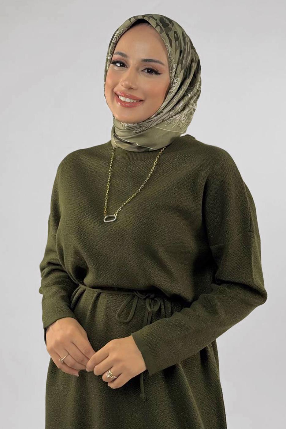 Tesettür giyim HAKİ SİMLİ TRİKO ELBİSE T 51381