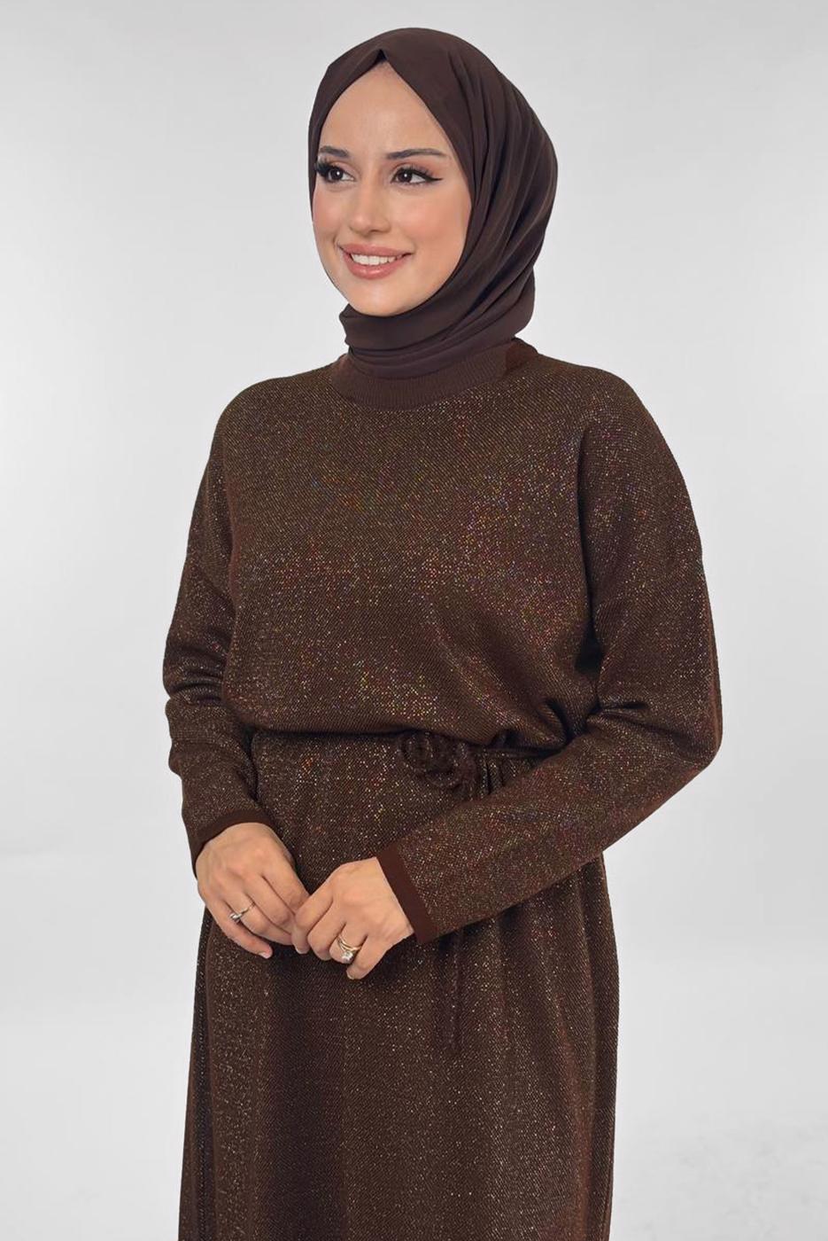 Tesettür giyim KAHVE SİMLİ TRİKO ELBİSE T 51381