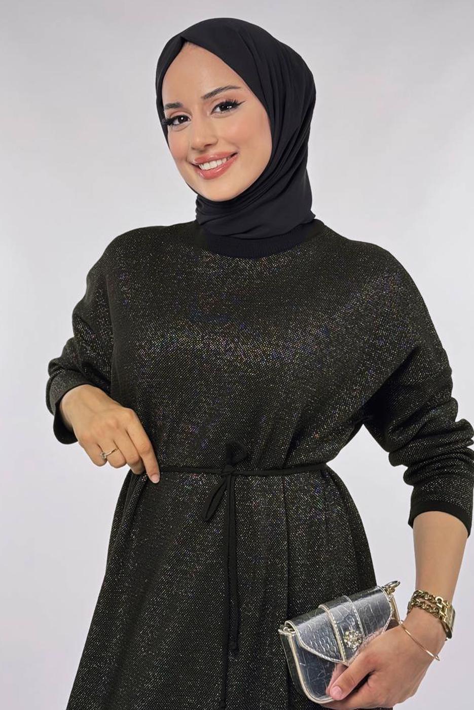 Tesettür giyim SİYAH SİMLİ TRİKO ELBİSE T 51381