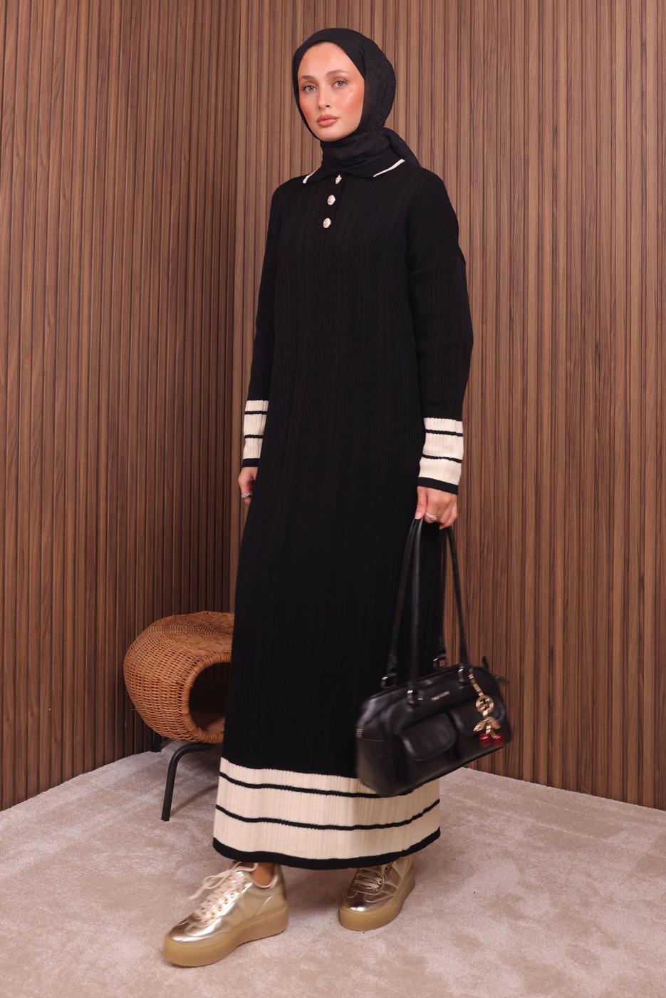 Tesettür giyim SİYAH TRİKO ELBİSE T 5407