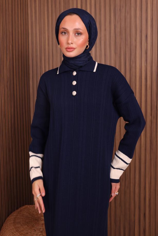 Hijab clothing NAVY BLUE KNITWEAR DRESS T 5407 - TRENDTESETTÜR
