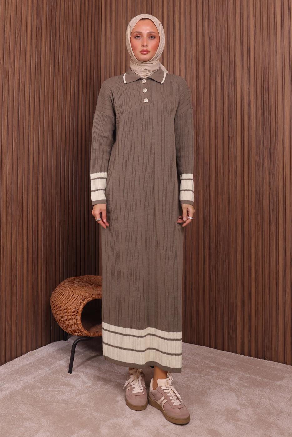 Tesettür giyim VİZON TRİKO ELBİSE T 5407