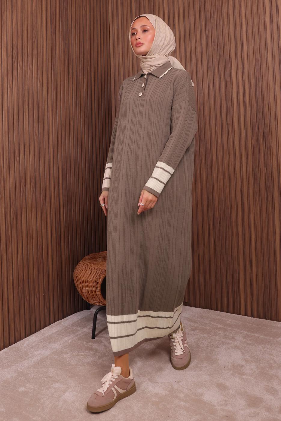 Tesettür giyim VİZON TRİKO ELBİSE T 5407