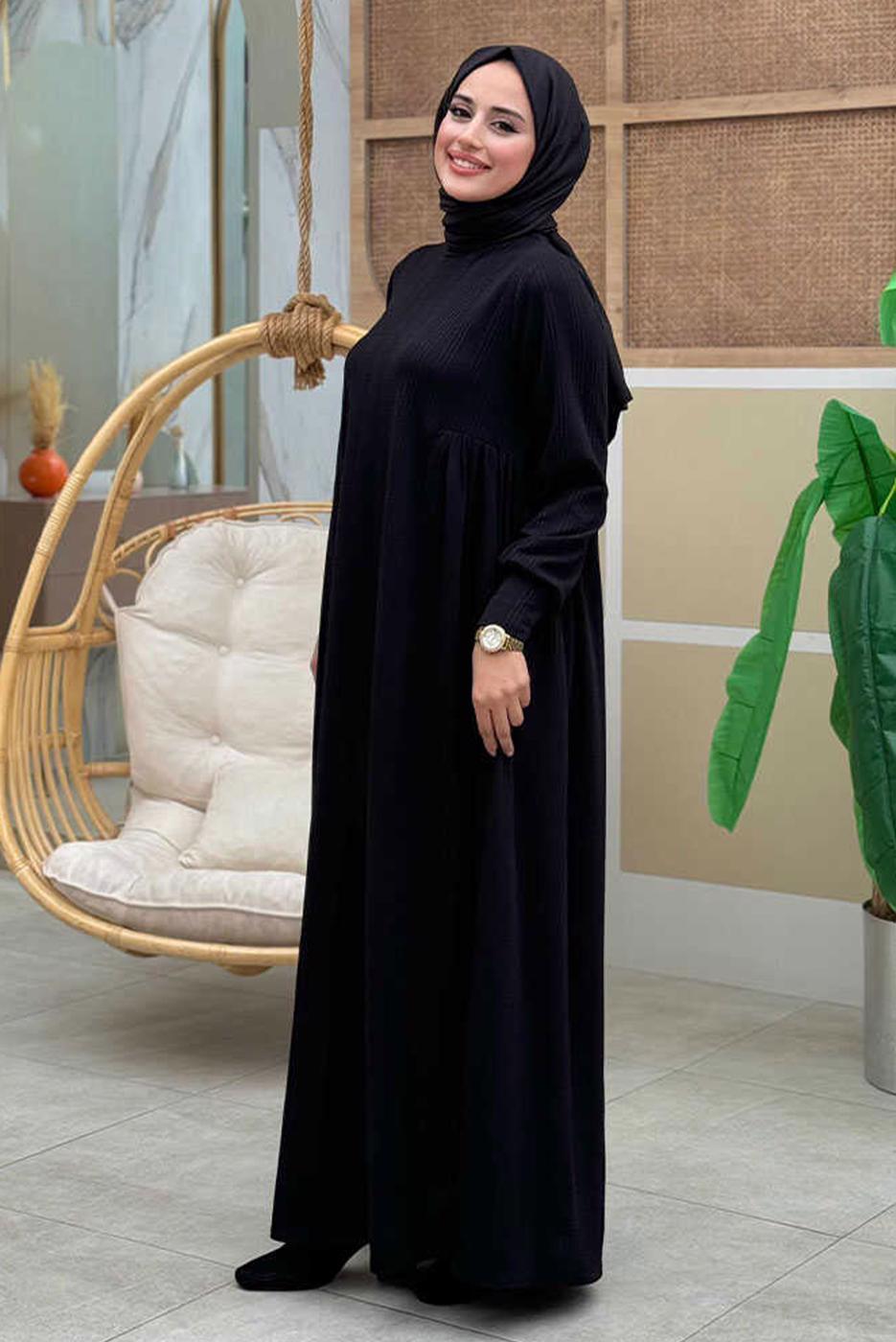 Tesettür giyim SİYAH RAHAT ÖRME ELBİSE T 6206