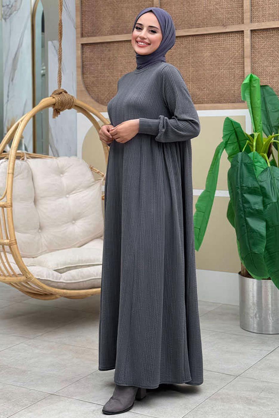Tesettür giyim GRİ RAHAT ÖRME ELBİSE T 6206