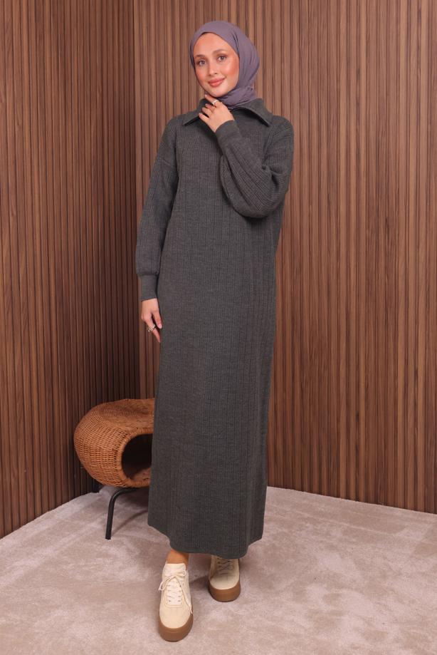 Hijab clothing GREY KNITWEAR DRESS T 6407 - TRENDTESETTÜR
