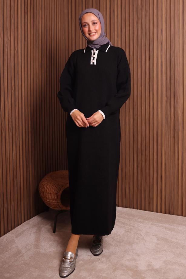 Tesettür giyim SİYAH T 7407 NSS TRİKO ELBİSE - TRENDTESETTÜR