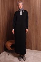 Tesettür giyim SİYAH GÖMLEK YAKA TRİKO ELBİSE T 7407
