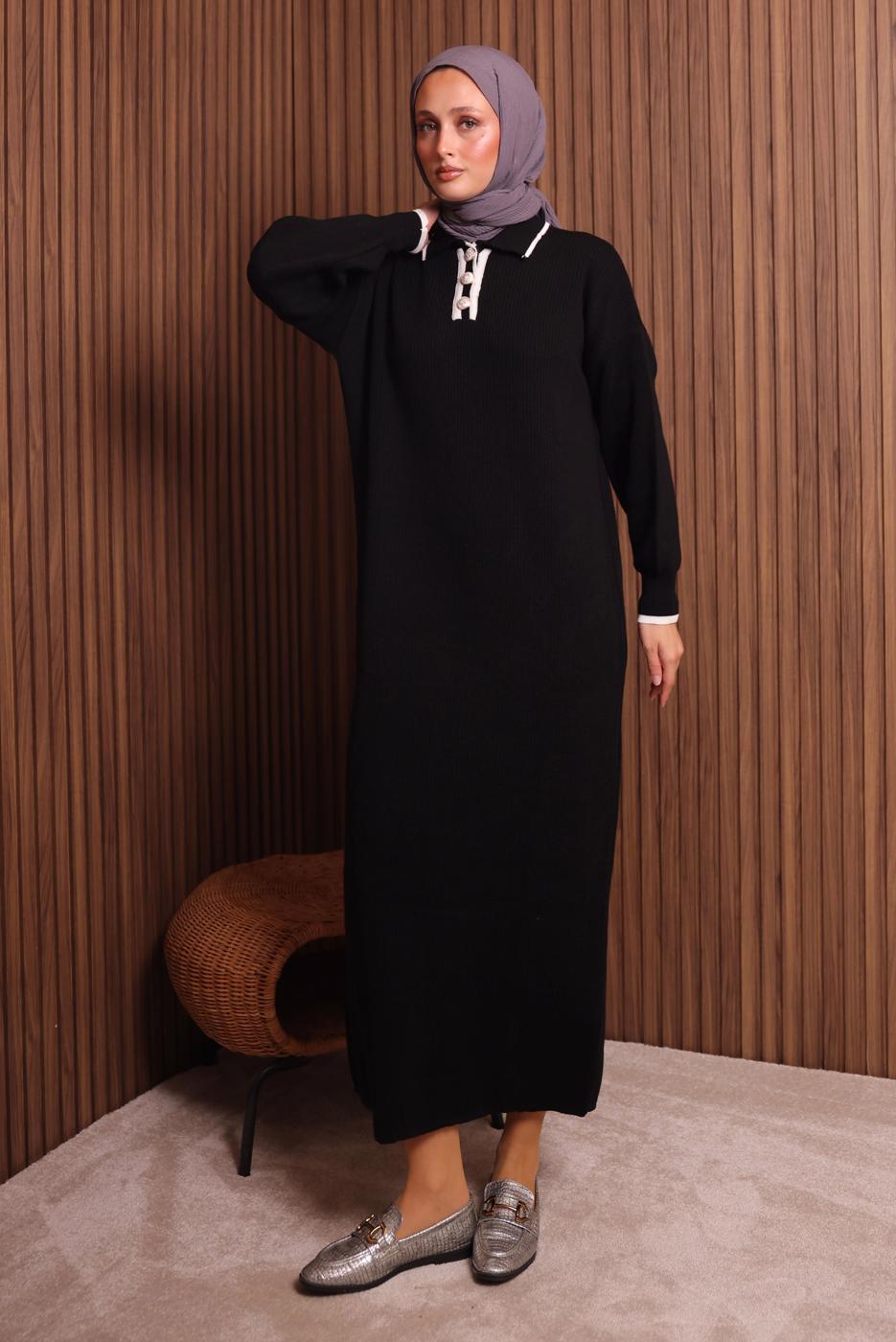 Tesettür giyim SİYAH GÖMLEK YAKA TRİKO ELBİSE T 7407