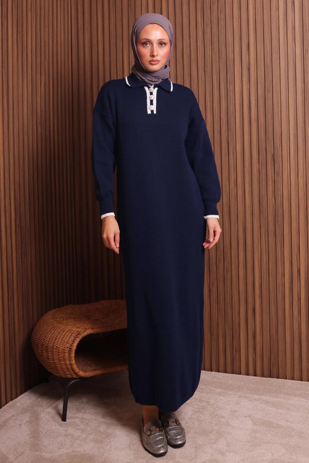 Tesettür giyim LACİVERT T 7407 NSS TRİKO ELBİSE - TRENDTESETTÜR