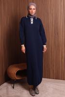 Tesettür giyim LACİVERT GÖMLEK YAKA TRİKO ELBİSE T 7407