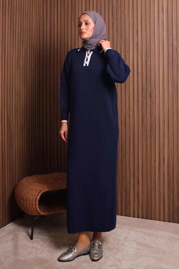 Tesettür giyim LACİVERT T 7407 NSS TRİKO ELBİSE - TRENDTESETTÜR