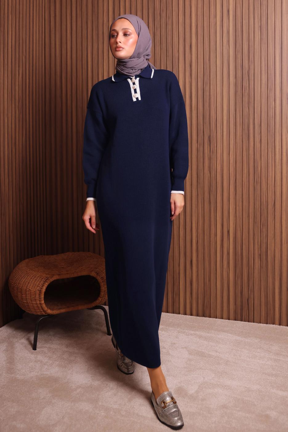 Tesettür giyim LACİVERT GÖMLEK YAKA TRİKO ELBİSE T 7407