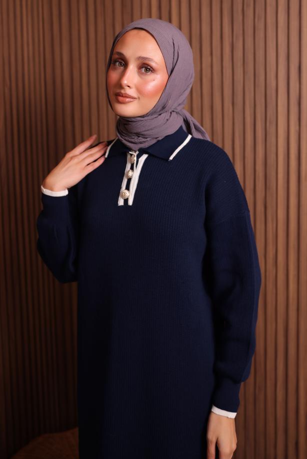 Tesettür giyim LACİVERT T 7407 NSS TRİKO ELBİSE - TRENDTESETTÜR