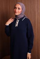 Tesettür giyim LACİVERT GÖMLEK YAKA TRİKO ELBİSE T 7407