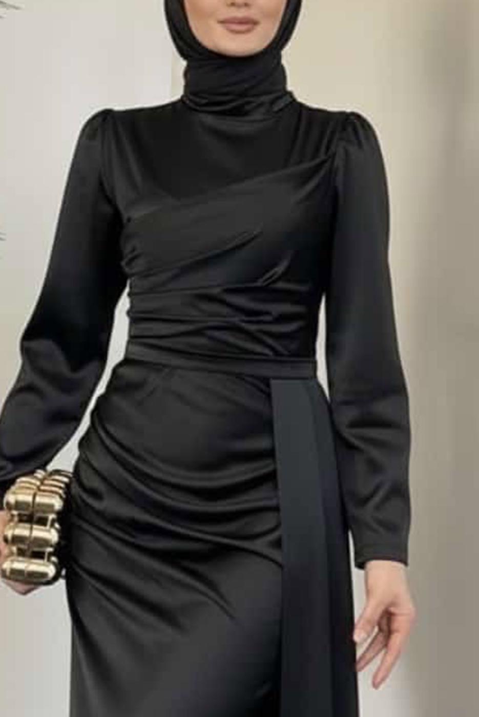 Vêtements hijab NOIR ROBE EN SATIN AVEC TRAÎNE T 7521