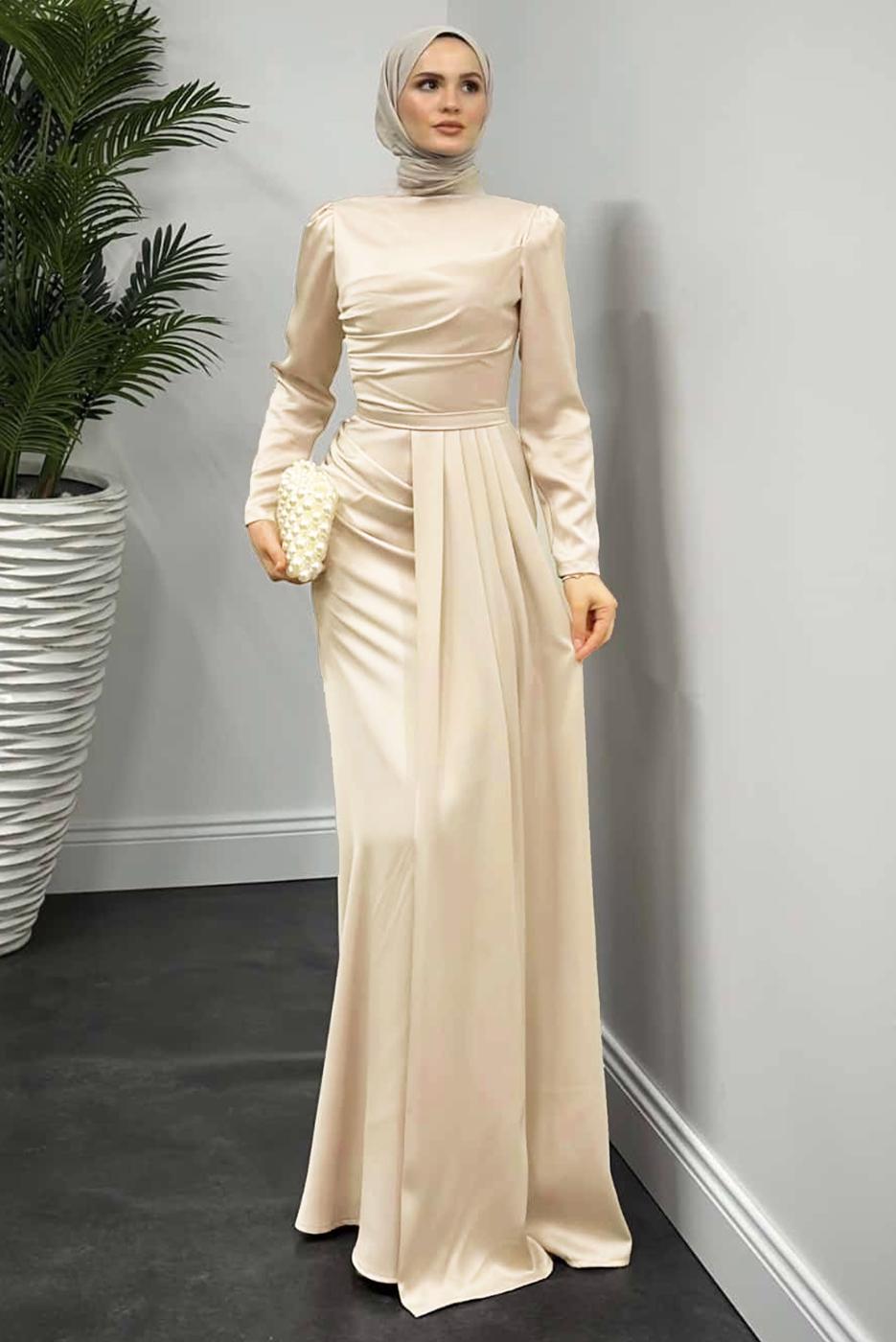 Vêtements hijab BEIGE ROBE EN SATIN AVEC TRAÎNE T 7521