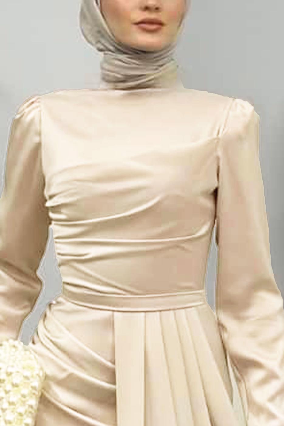 Vêtements hijab BEIGE ROBE EN SATIN AVEC TRAÎNE T 7521