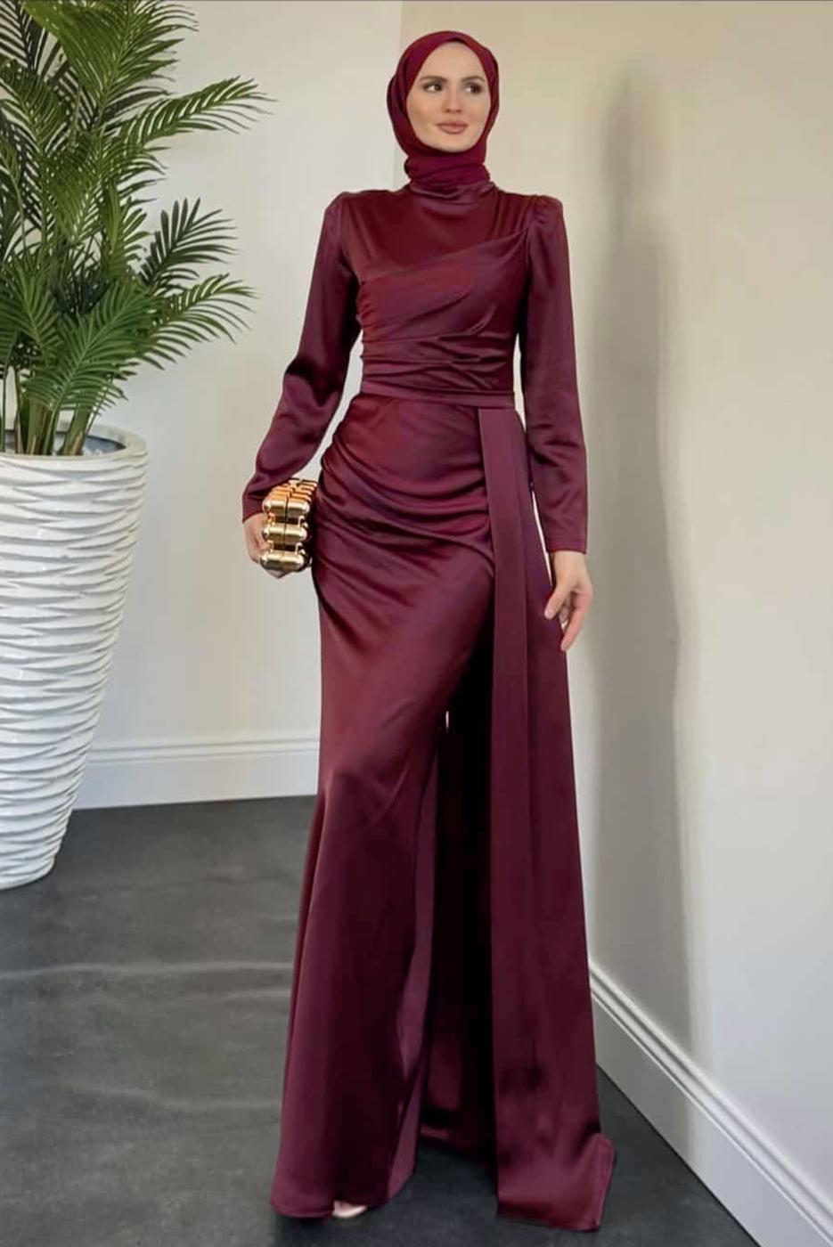 Vêtements hijab ROUGE BORDEAUX ROBE EN SATIN AVEC TRAÎNE T 7521