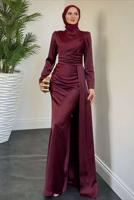 Vêtements hijab ROUGE BORDEAUX ROBE EN SATIN AVEC TRAÎNE T 7521
