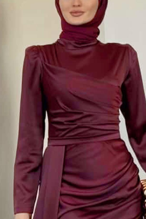 Vêtements hijab ROUGE BORDEAUX ROBE EN SATIN AVEC TRAÎNE T 7521 - TRENDTESETTÜR
