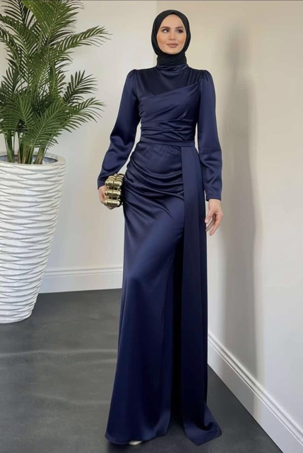 Vêtements hijab BLEU MARINE ROBE EN SATIN AVEC TRAÎNE T 7521 - TRENDTESETTÜR