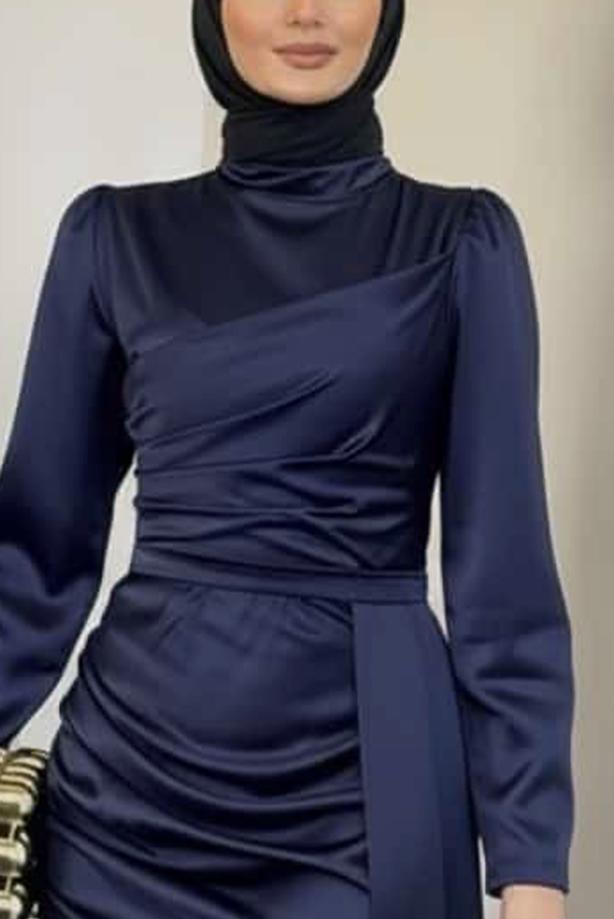 Vêtements hijab BLEU MARINE ROBE EN SATIN AVEC TRAÎNE T 7521 - TRENDTESETTÜR
