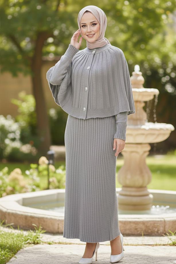 Tesettür giyim GRİ BOLEROLU TRİKO ELBİSE T 8744 - TRENDTESETTÜR
