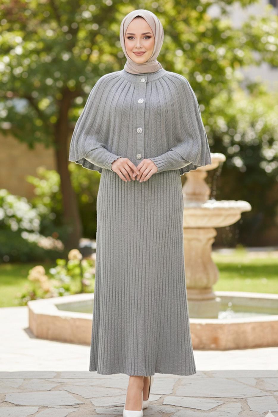 Tesettür giyim GRİ BOLEROLU TRİKO ELBİSE T 8744