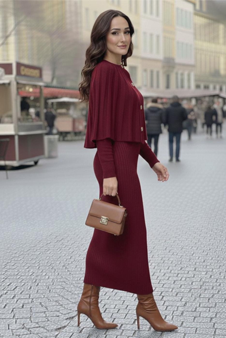 Tesettür giyim BORDO BOLEROLU TRİKO ELBİSE T 8744